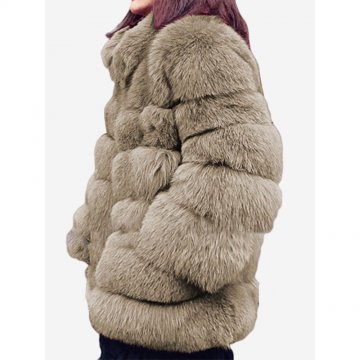 Faux Fur Solid Color Long Sleeve Stand Collar Coat For Women