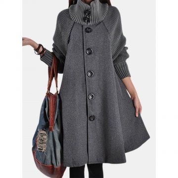 Solid Color Long Sleeve High Neck Patchwork Coat For Women