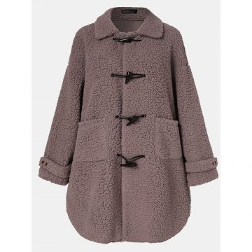 Solid Color Button Pocket Loose Casual Coat For Women