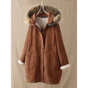 Corduroy Solid Color Plush Hooded Long Sleeve Coat